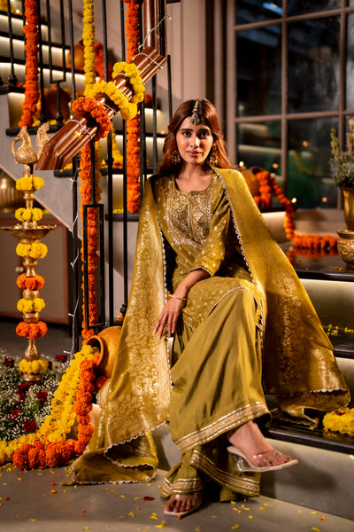 Mehendi Green Banarasi with Gota Work Sharara Set