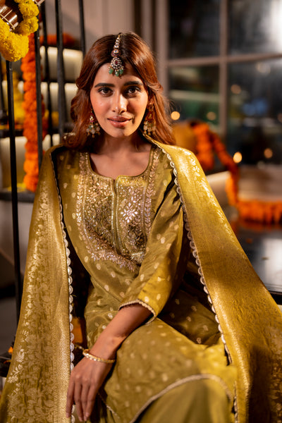 Mehendi Green Banarasi with Gota Work Sharara Set