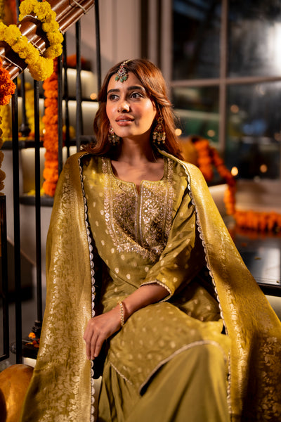 Mehendi Green Banarasi with Gota Work Sharara Set