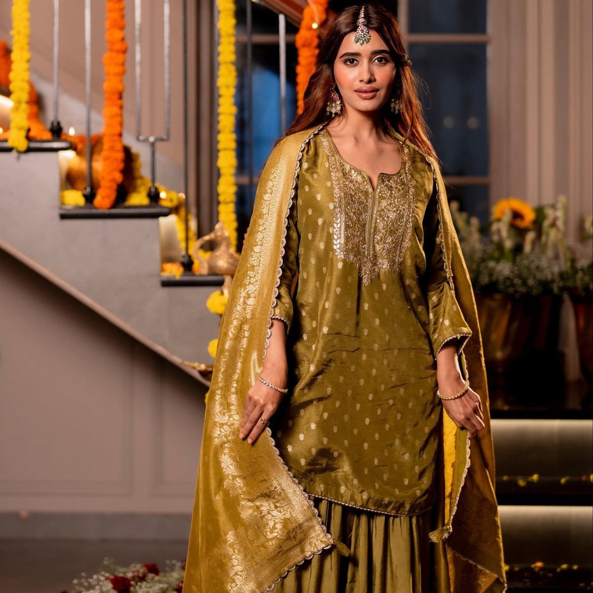 Mehendi Green Banarasi with Gota Work Sharara Set
