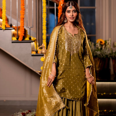 Mehendi Green Banarasi with Gota Work Sharara Set