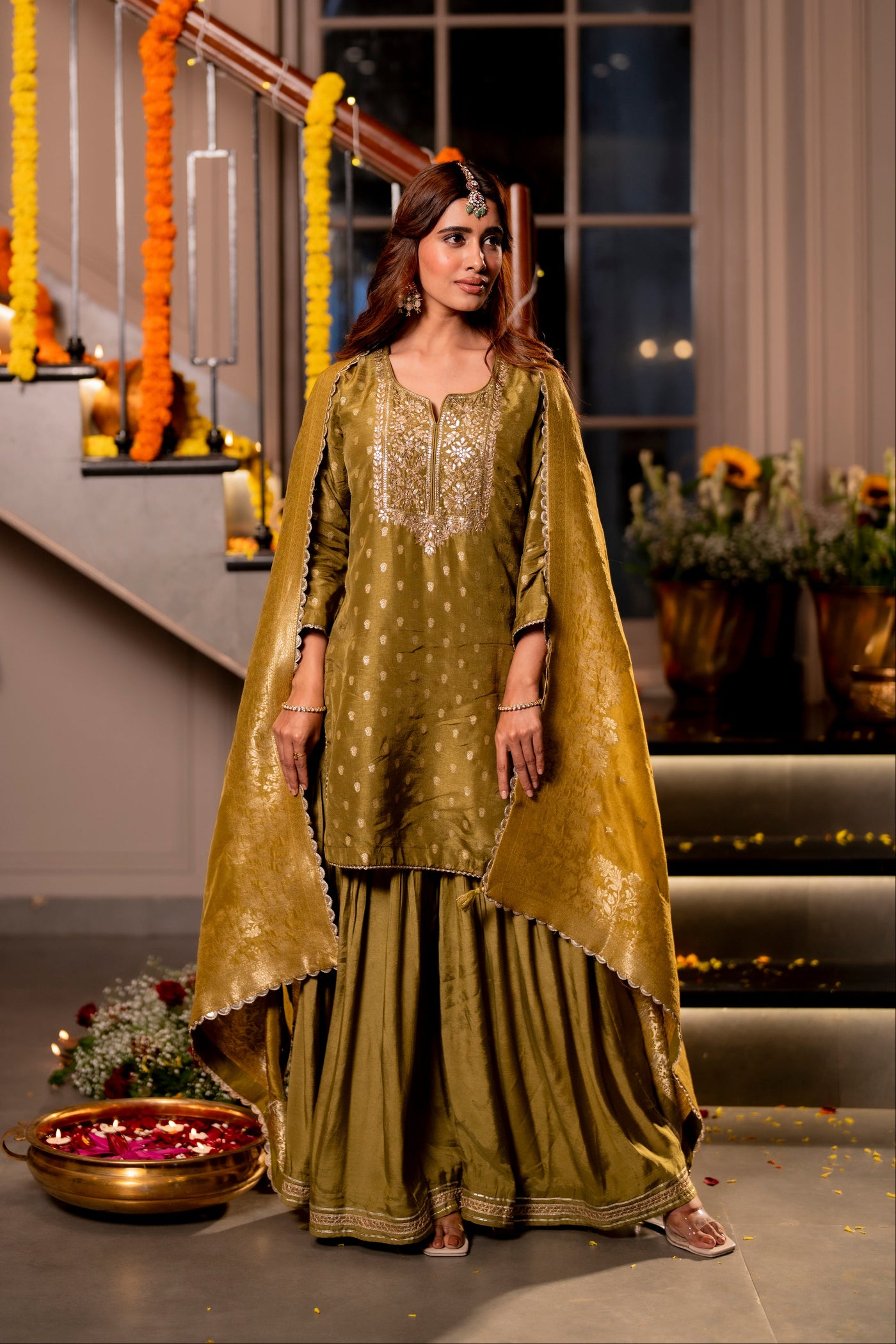 Mehendi Green Banarasi with Gota Work Sharara Set