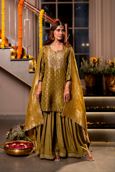 Mehendi Green Banarasi with Gota Work Sharara Set