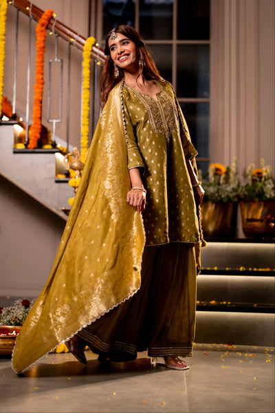 Mehendi Green Banarasi with Gota Work Sharara Set