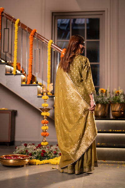 Mehendi Green Banarasi with Gota Work Sharara Set