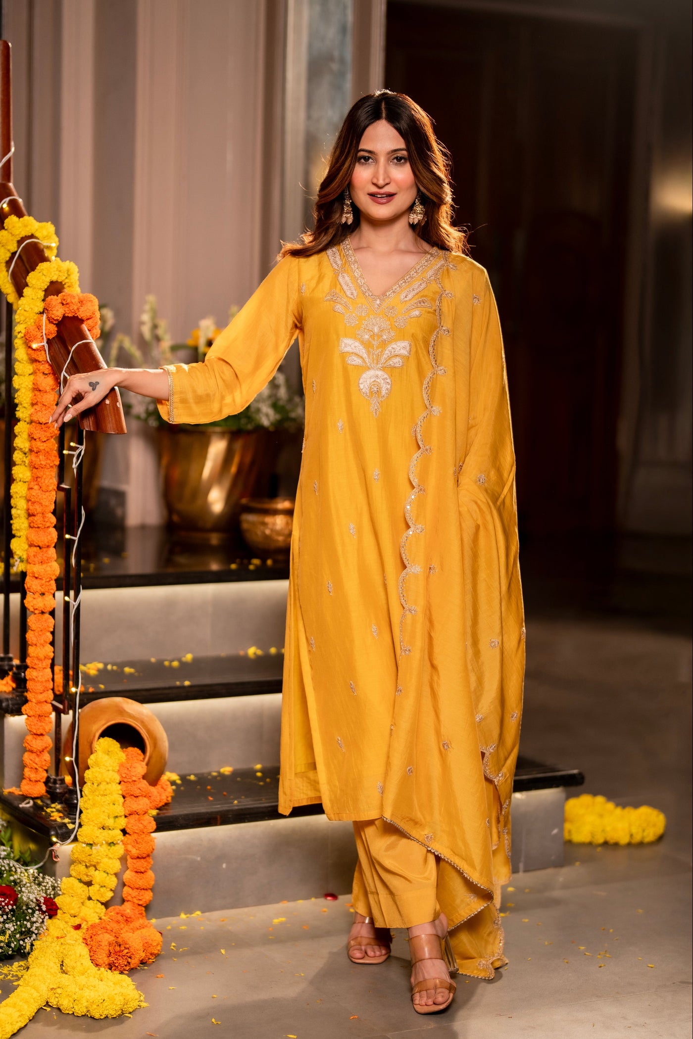 Yellow  Marodi with Thread Work Mul Chanderi Suit Set with Scallop Marodi Work Dupatta