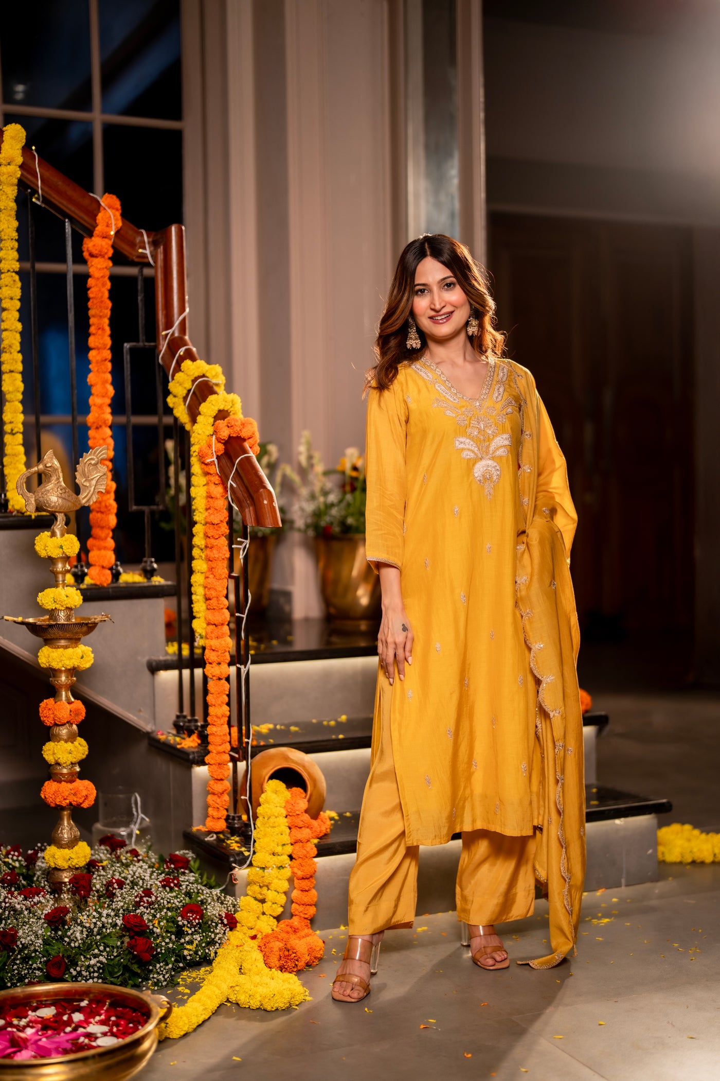 Yellow  Marodi with Thread Work Mul Chanderi Suit Set with Scallop Marodi Work Dupatta