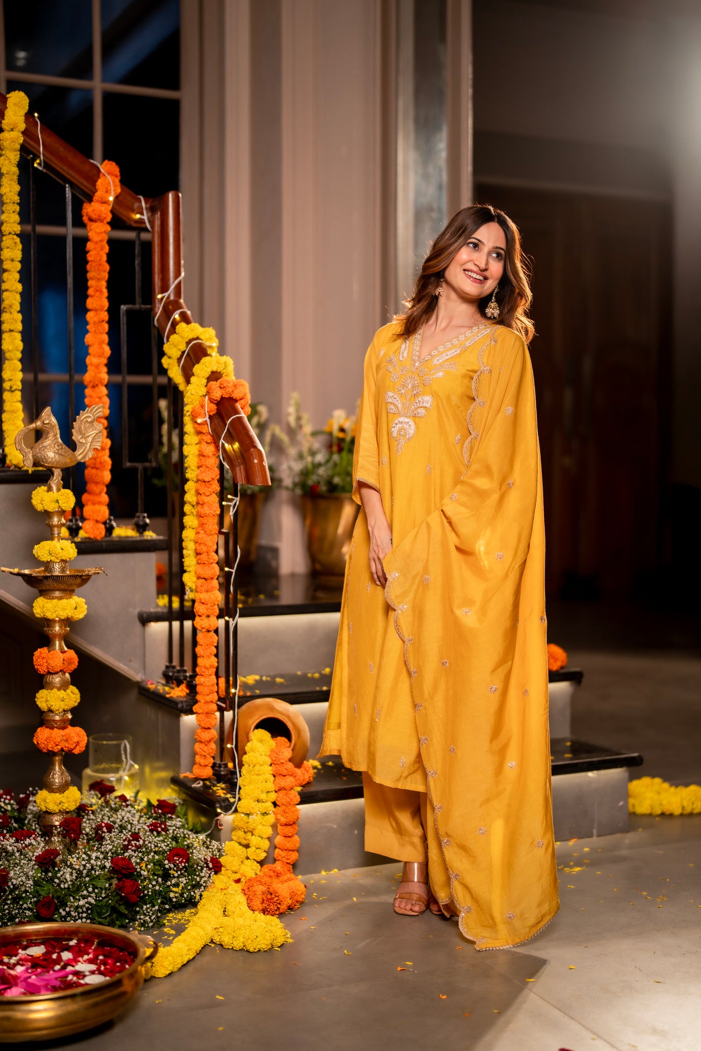 Yellow  Marodi with Thread Work Mul Chanderi Suit Set with Scallop Marodi Work Dupatta