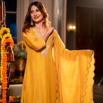 Yellow  Marodi with Thread Work Mul Chanderi Suit Set with Scallop Marodi Work Dupatta