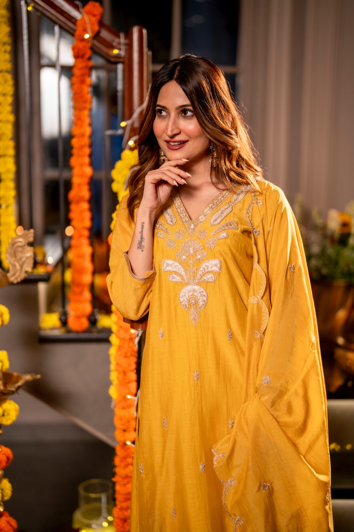 Yellow  Marodi with Thread Work Mul Chanderi Suit Set with Scallop Marodi Work Dupatta
