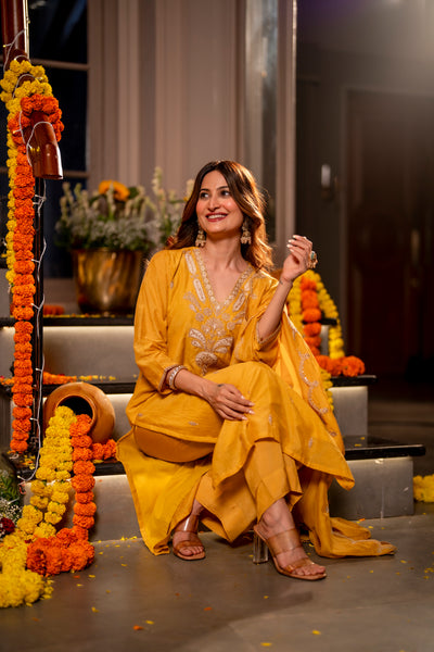 Yellow  Marodi with Thread Work Mul Chanderi Suit Set with Scallop Marodi Work Dupatta