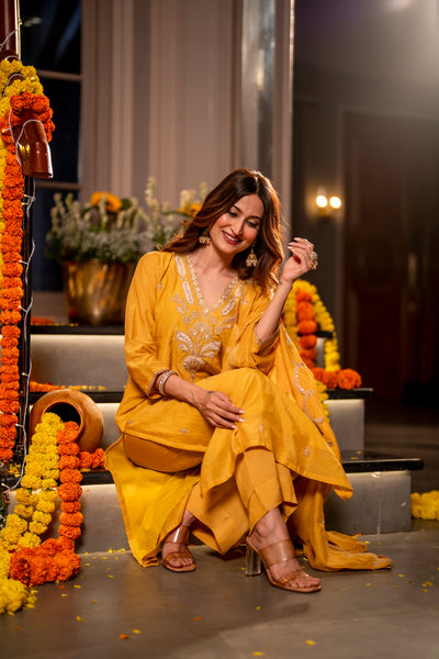 Yellow  Marodi with Thread Work Mul Chanderi Suit Set with Scallop Marodi Work Dupatta