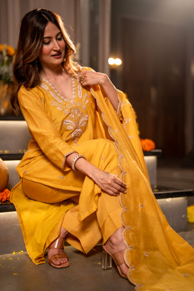 Yellow  Marodi with Thread Work Mul Chanderi Suit Set with Scallop Marodi Work Dupatta
