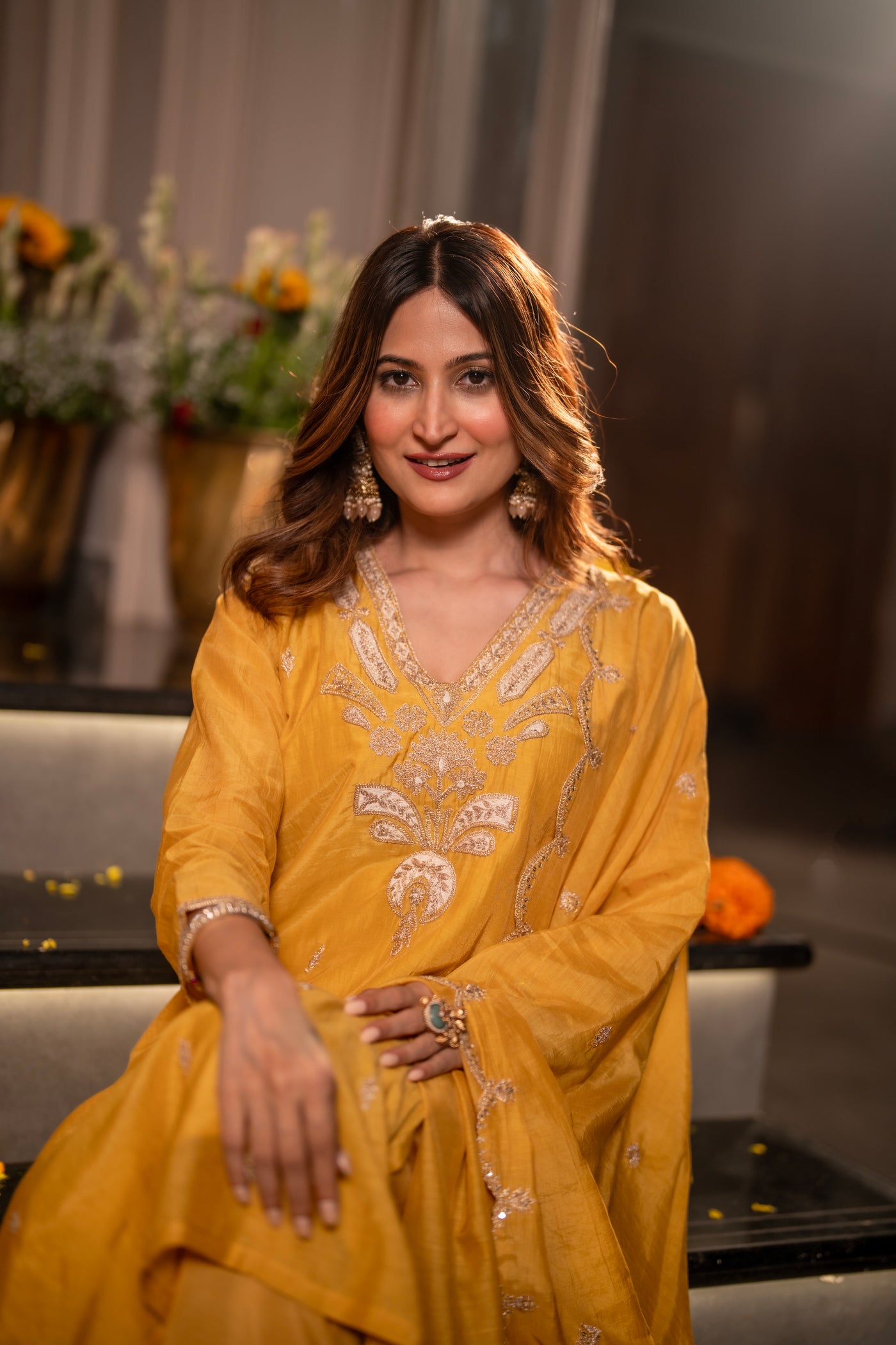 Yellow  Marodi with Thread Work Mul Chanderi Suit Set with Scallop Marodi Work Dupatta