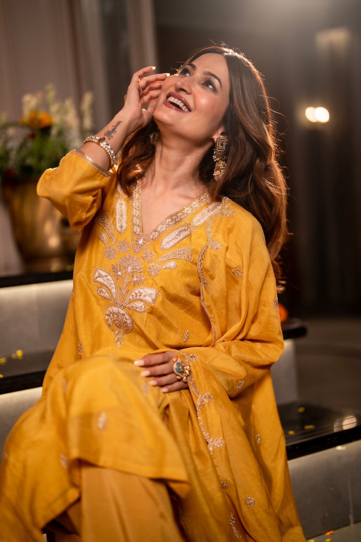 Yellow  Marodi with Thread Work Mul Chanderi Suit Set with Scallop Marodi Work Dupatta