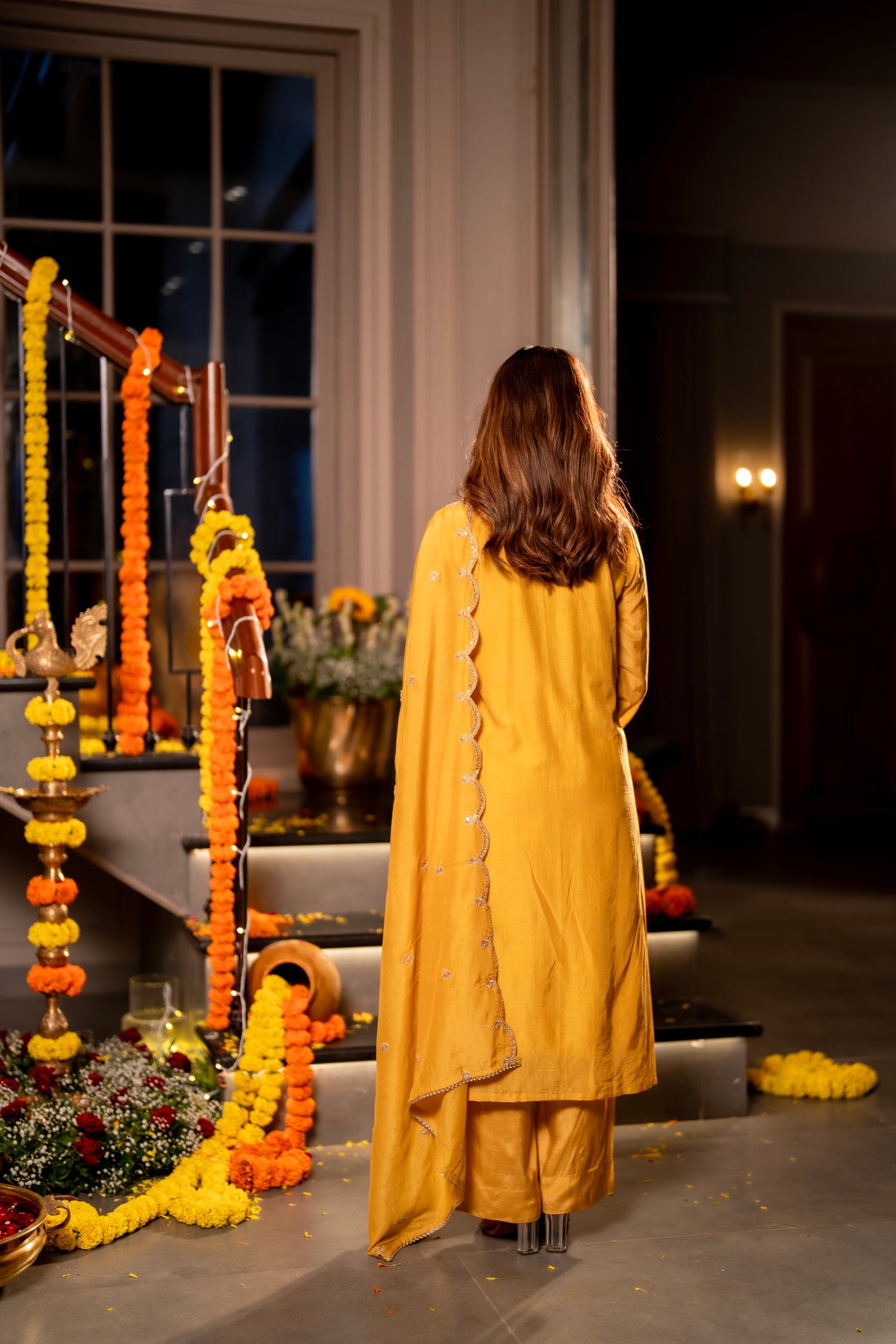 Yellow  Marodi with Thread Work Mul Chanderi Suit Set with Scallop Marodi Work Dupatta