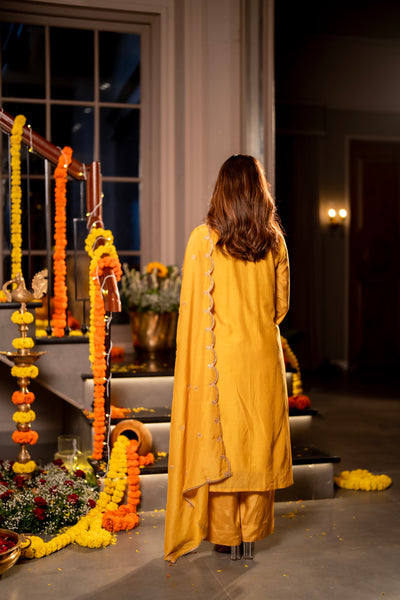 Yellow  Marodi with Thread Work Mul Chanderi Suit Set with Scallop Marodi Work Dupatta