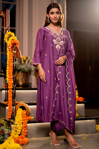 Purple Marodi with Thread Work Mul Chanderi Suit Set with Scallop Marodi Work Dupatta