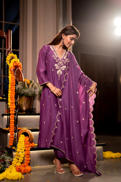 Purple Marodi with Thread Work Mul Chanderi Suit Set with Scallop Marodi Work Dupatta