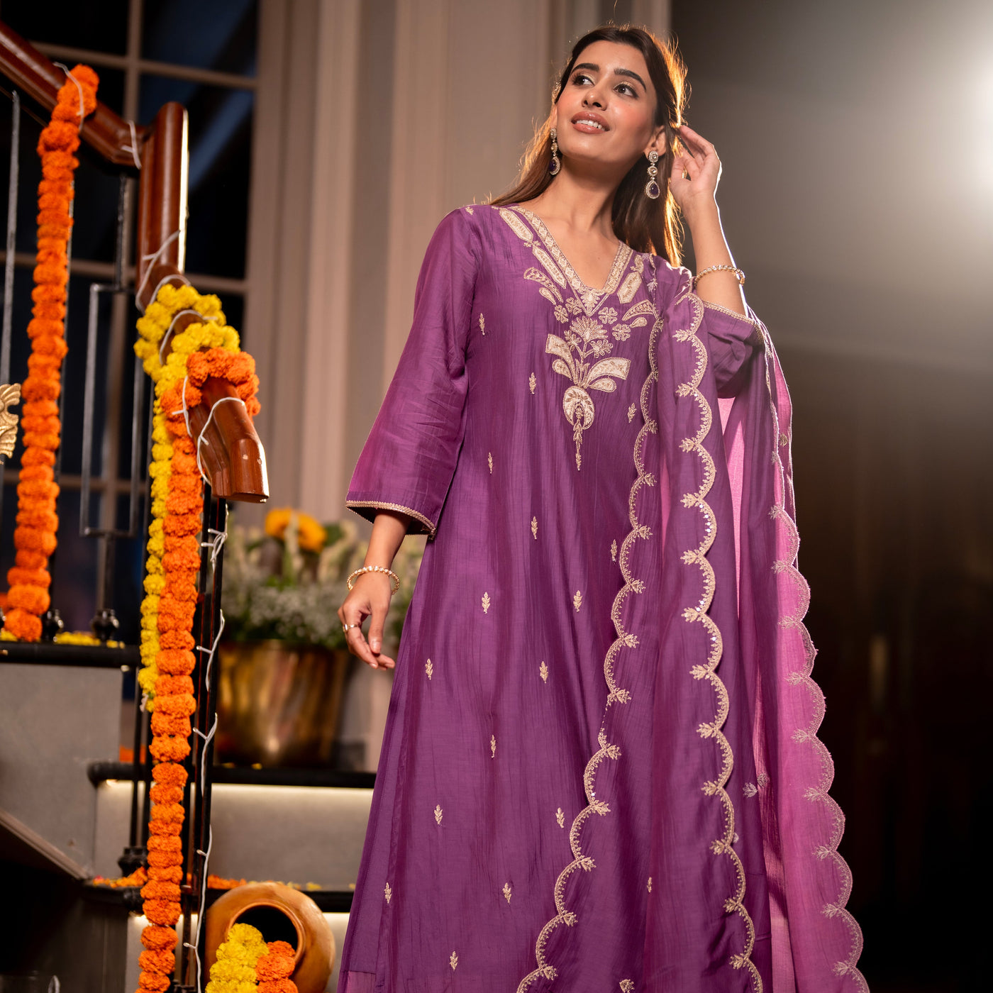 Purple Marodi with Thread Work Mul Chanderi Suit Set with Scallop Marodi Work Dupatta