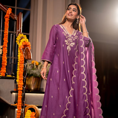 Purple Marodi with Thread Work Mul Chanderi Suit Set with Scallop Marodi Work Dupatta