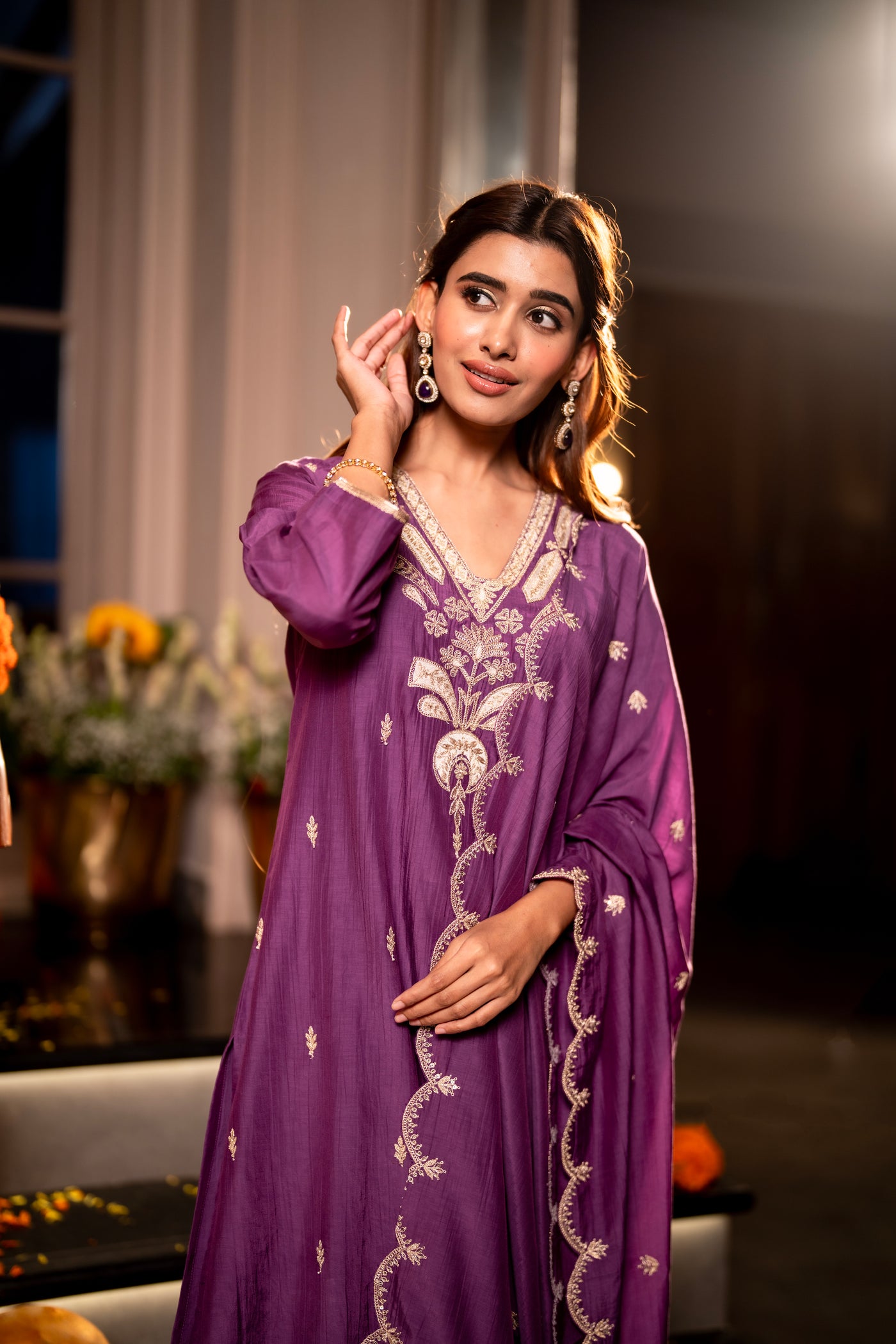 Purple Marodi with Thread Work Mul Chanderi Suit Set with Scallop Marodi Work Dupatta