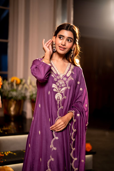 Purple Marodi with Thread Work Mul Chanderi Suit Set with Scallop Marodi Work Dupatta