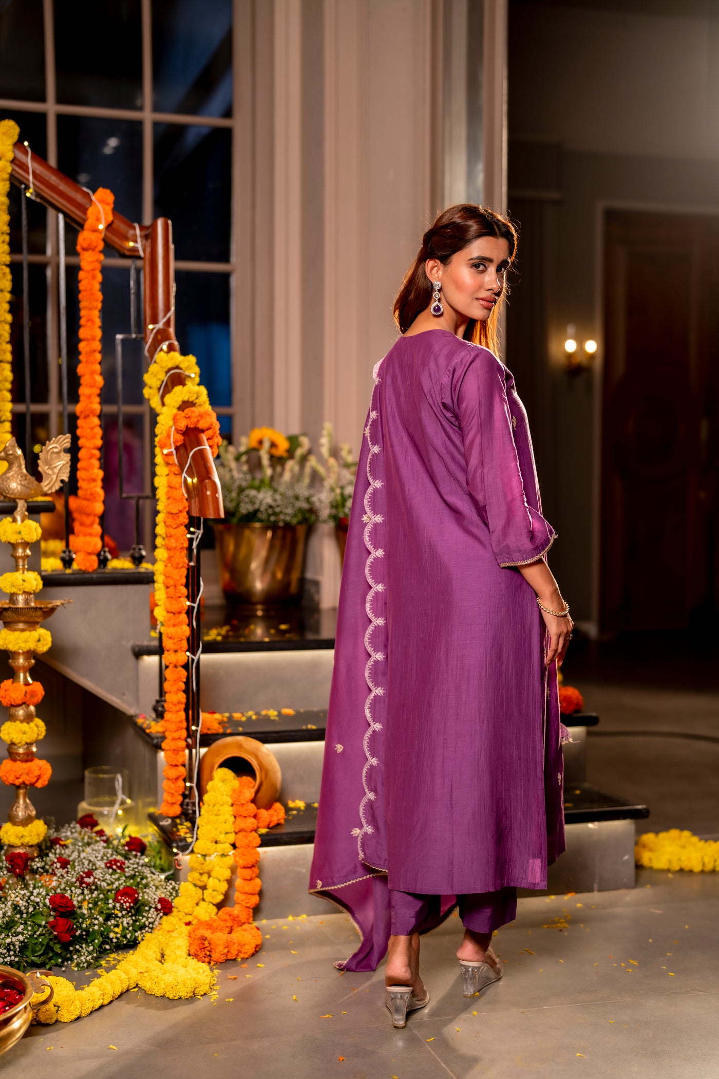 Purple Marodi with Thread Work Mul Chanderi Suit Set with Scallop Marodi Work Dupatta