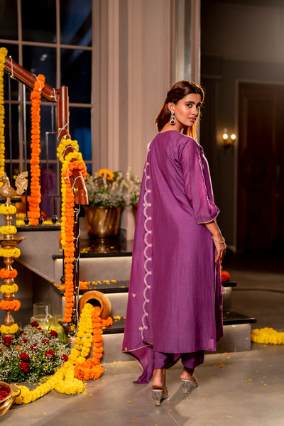 Purple Marodi with Thread Work Mul Chanderi Suit Set with Scallop Marodi Work Dupatta
