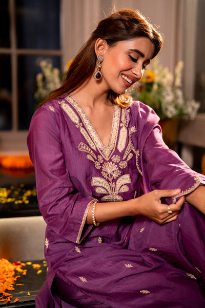 Purple Marodi with Thread Work Mul Chanderi Suit Set with Scallop Marodi Work Dupatta