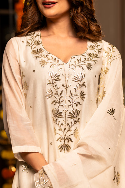 Ivory Pure Mul Chanderi with Metallic Thread work on Kurta and Dupatta Suit Set