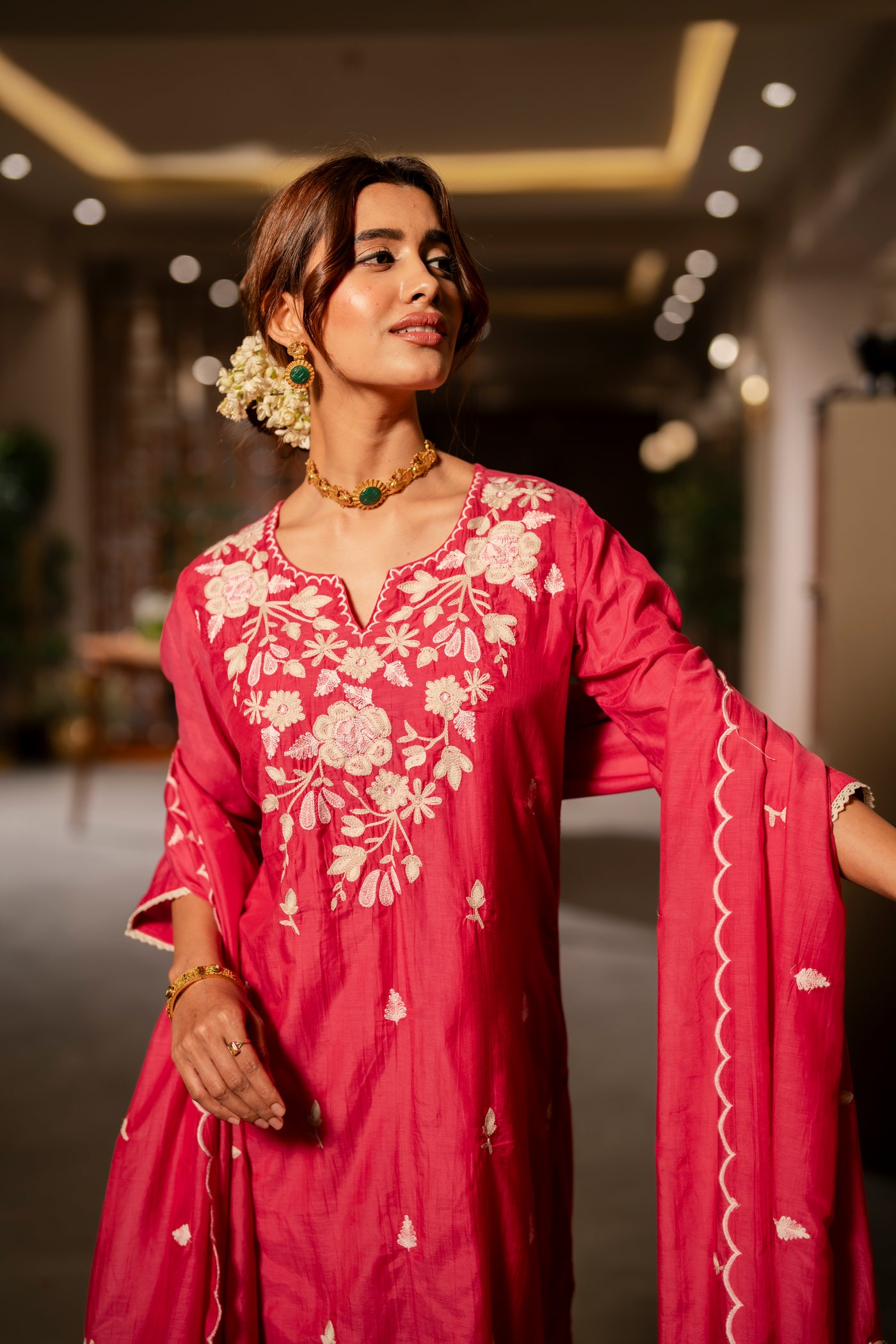 Pink Thread Embroidery Mul Chanderi Suit Set with Scallope Thread Dupatta