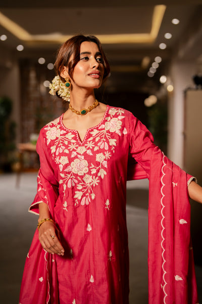 Pink Thread Embroidery Mul Chanderi Suit Set with Scallope Thread Dupatta