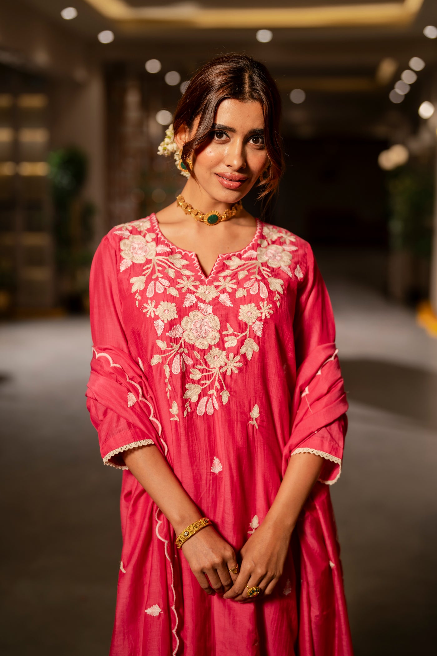 Pink Thread Embroidery Mul Chanderi Suit Set with Scallope Thread Dupatta