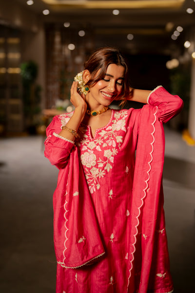 Pink Thread Embroidery Mul Chanderi Suit Set with Scallope Thread Dupatta