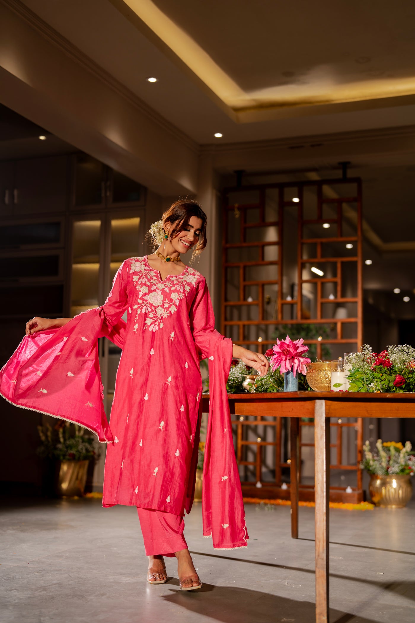 Pink Thread Embroidery Mul Chanderi Suit Set with Scallope Thread Dupatta