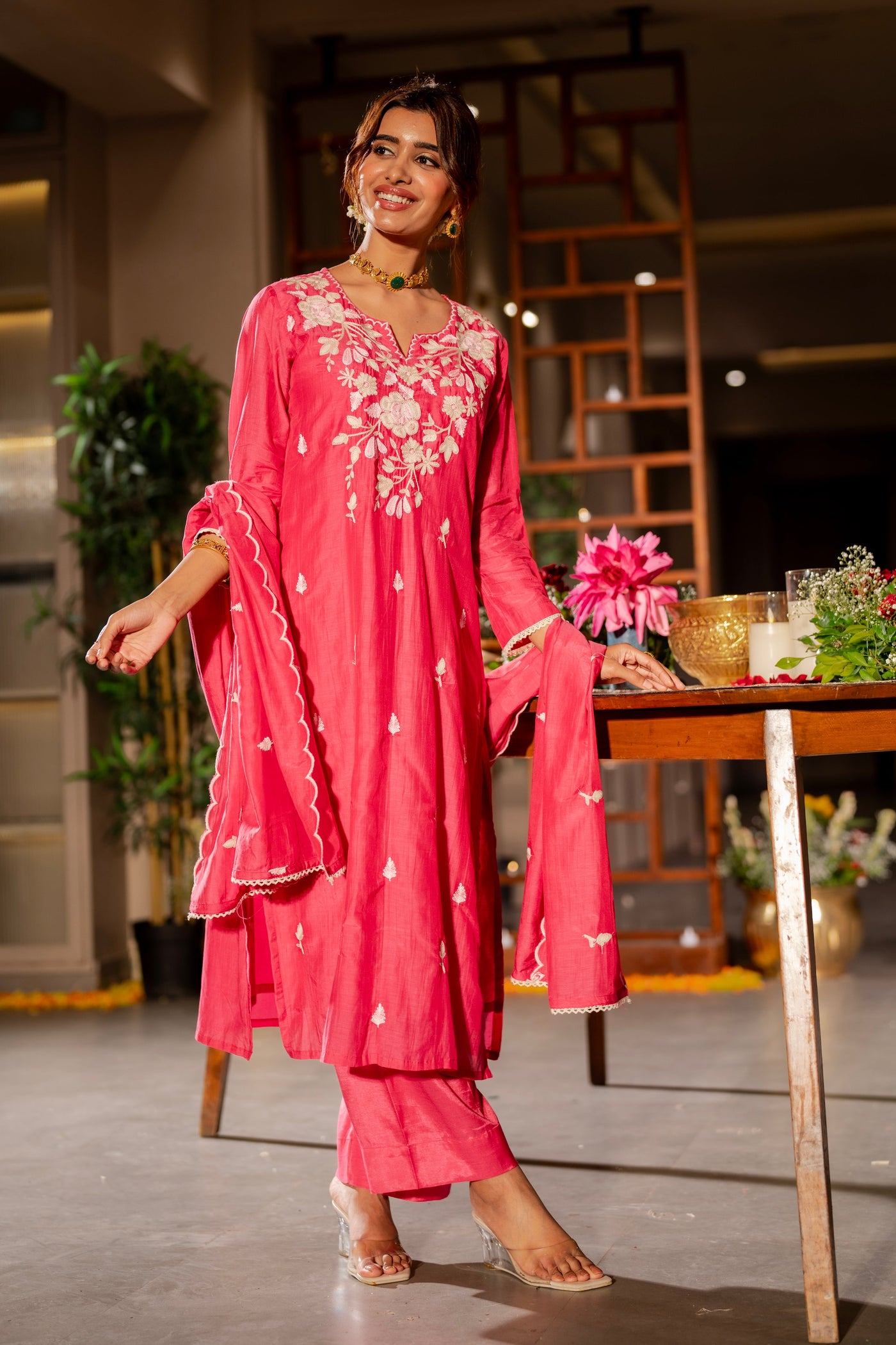 Pink Thread Embroidery Mul Chanderi Suit Set with Scallope Thread Dupatta