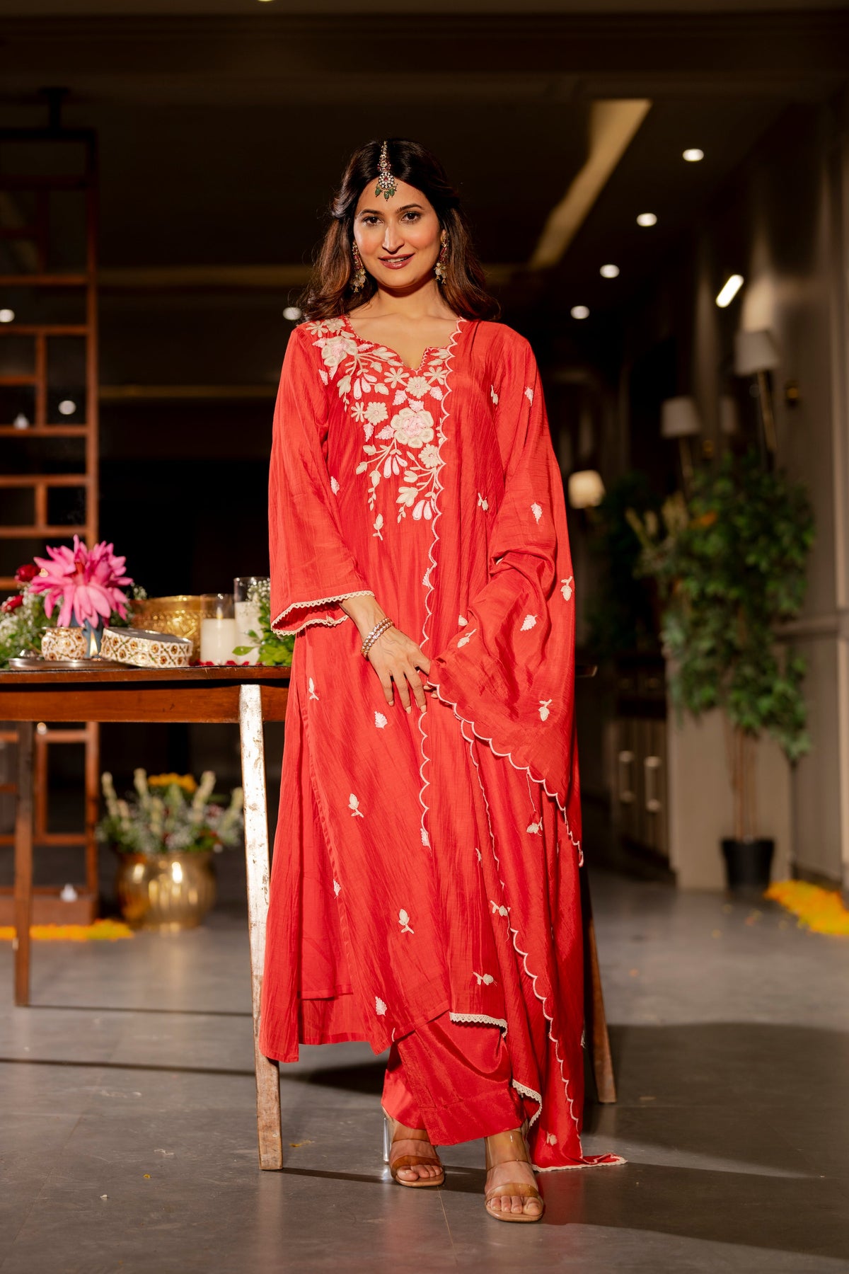 Deep Red Thread Embroidery Mul Chanderi Suit Set with Scallope Thread Dupatta