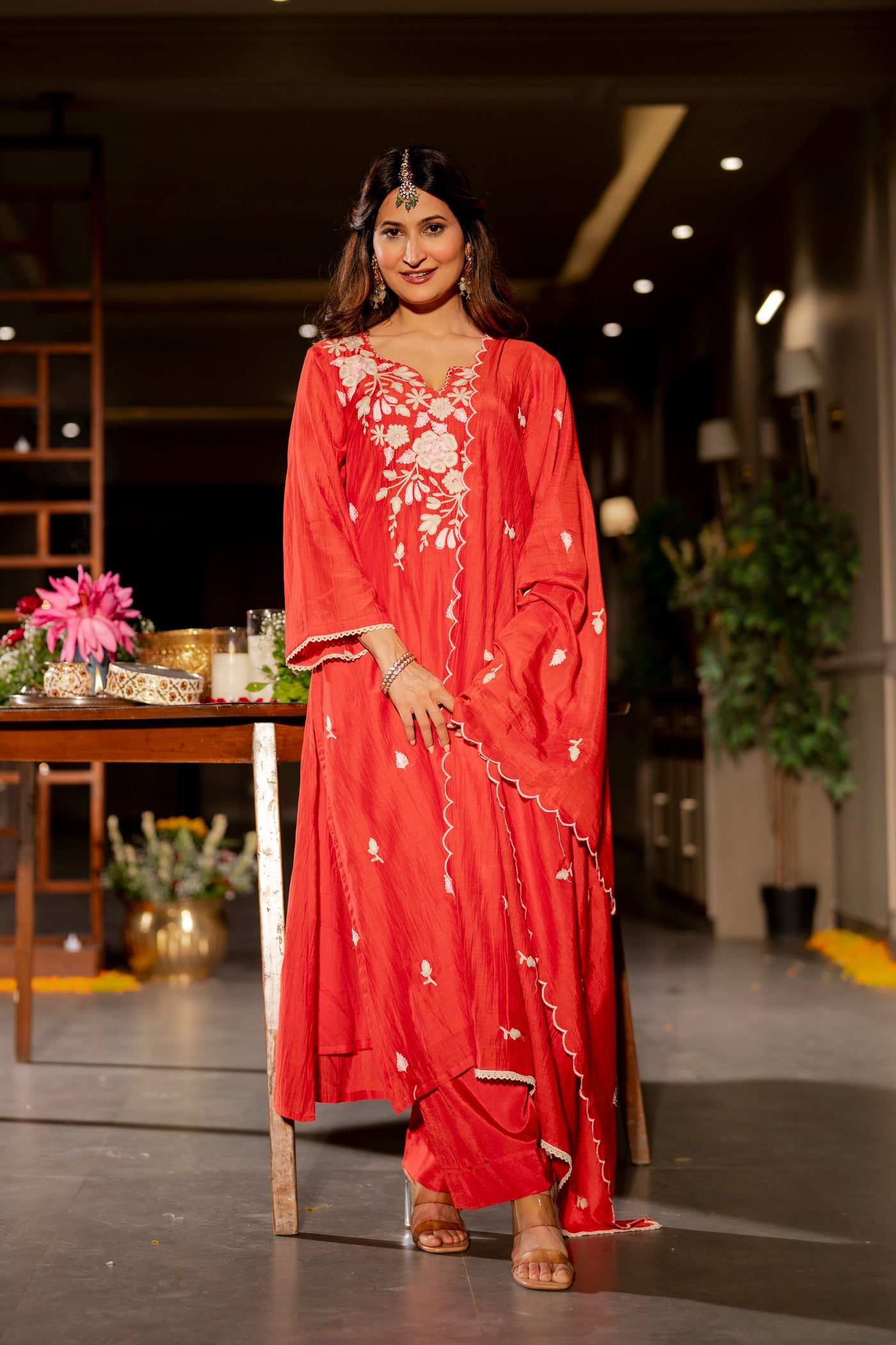 Deep Red Thread Embroidery Mul Chanderi Suit Set with Scallope Thread Dupatta