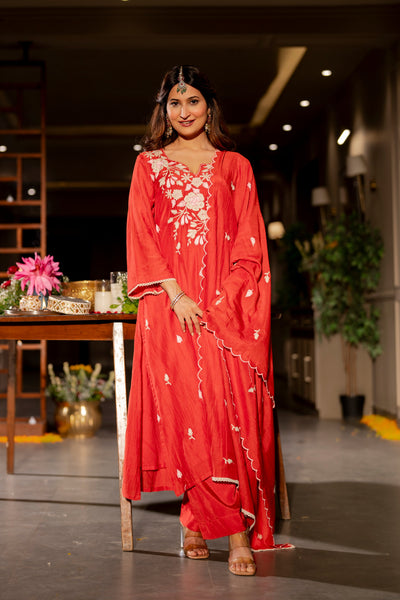 Deep Red Thread Embroidery Mul Chanderi Suit Set with Scallope Thread Dupatta