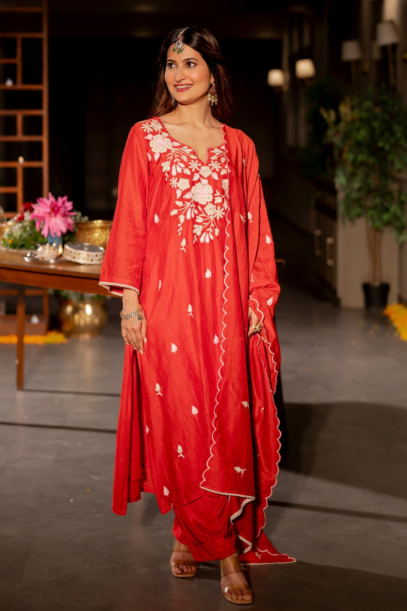 Deep Red Thread Embroidery Mul Chanderi Suit Set with Scallope Thread Dupatta