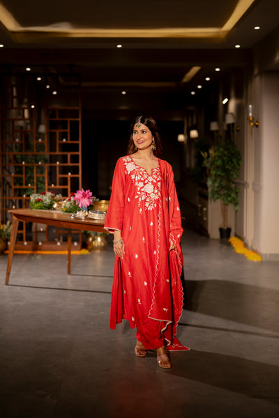 Deep Red Thread Embroidery Mul Chanderi Suit Set with Scallope Thread Dupatta