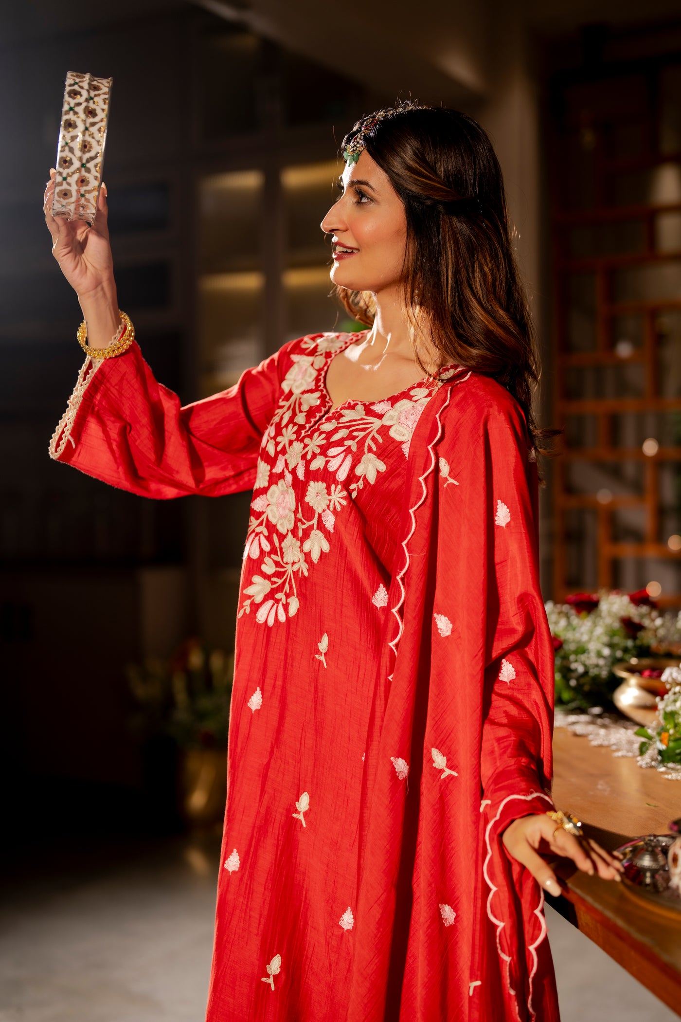 Deep Red Thread Embroidery Mul Chanderi Suit Set with Scallope Thread Dupatta