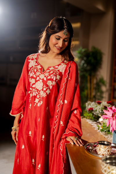 Deep Red Thread Embroidery Mul Chanderi Suit Set with Scallope Thread Dupatta