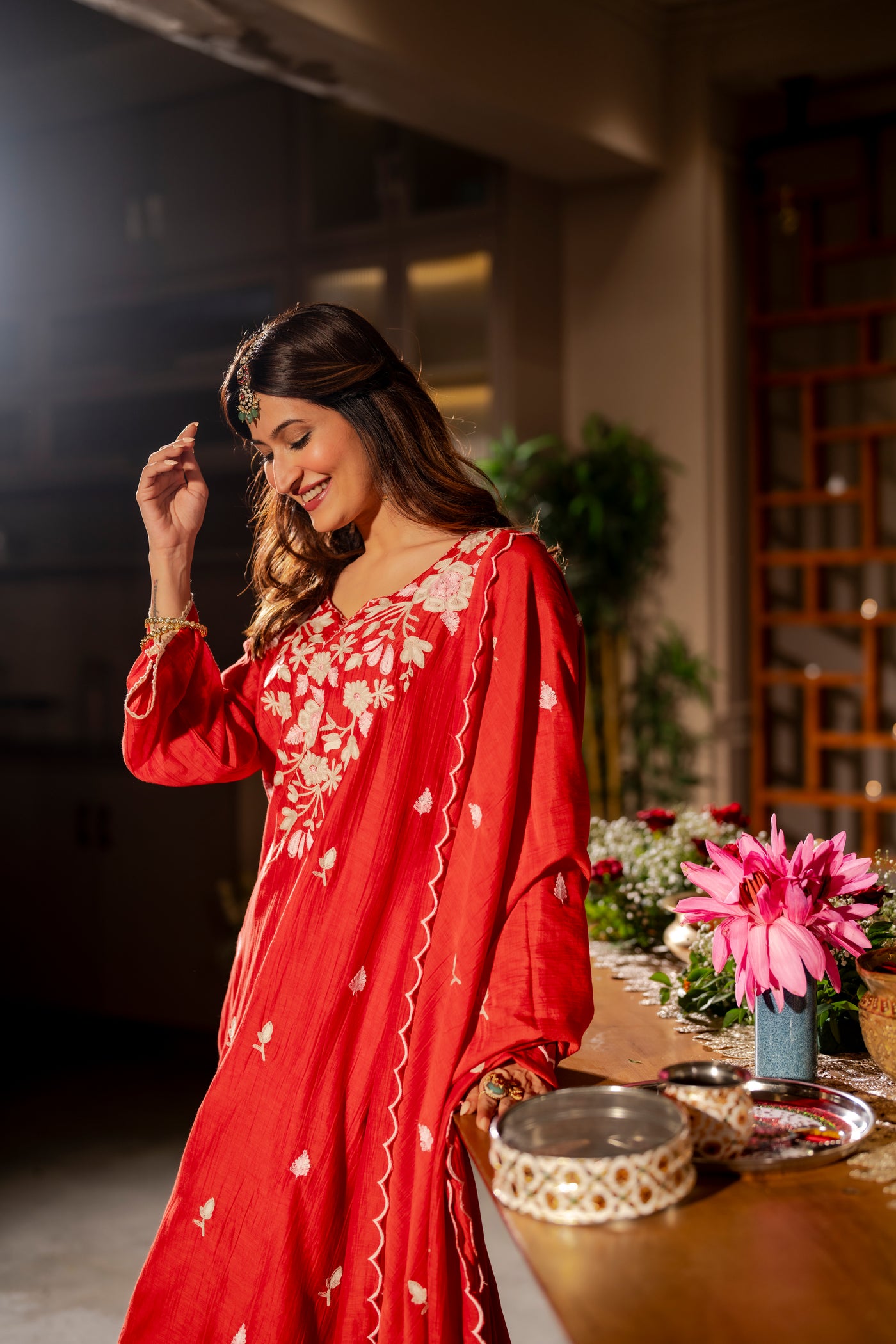 Deep Red Thread Embroidery Mul Chanderi Suit Set with Scallope Thread Dupatta