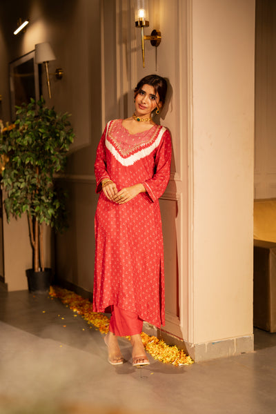 Red bandhani with gota work on neck kurta set