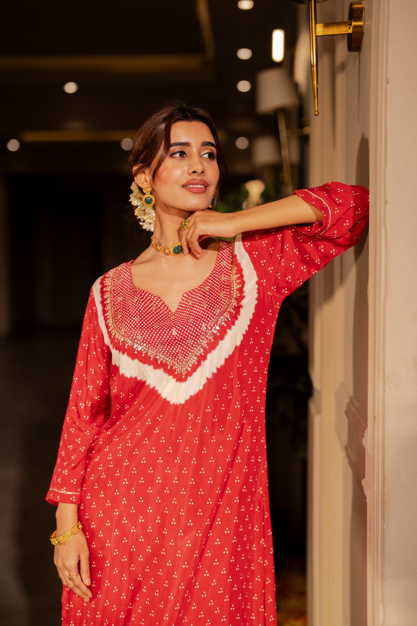 Red bandhani with gota work on neck kurta set
