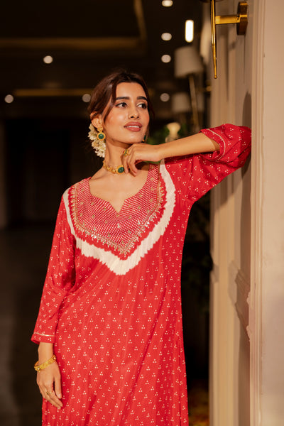 Red bandhani with gota work on neck kurta set