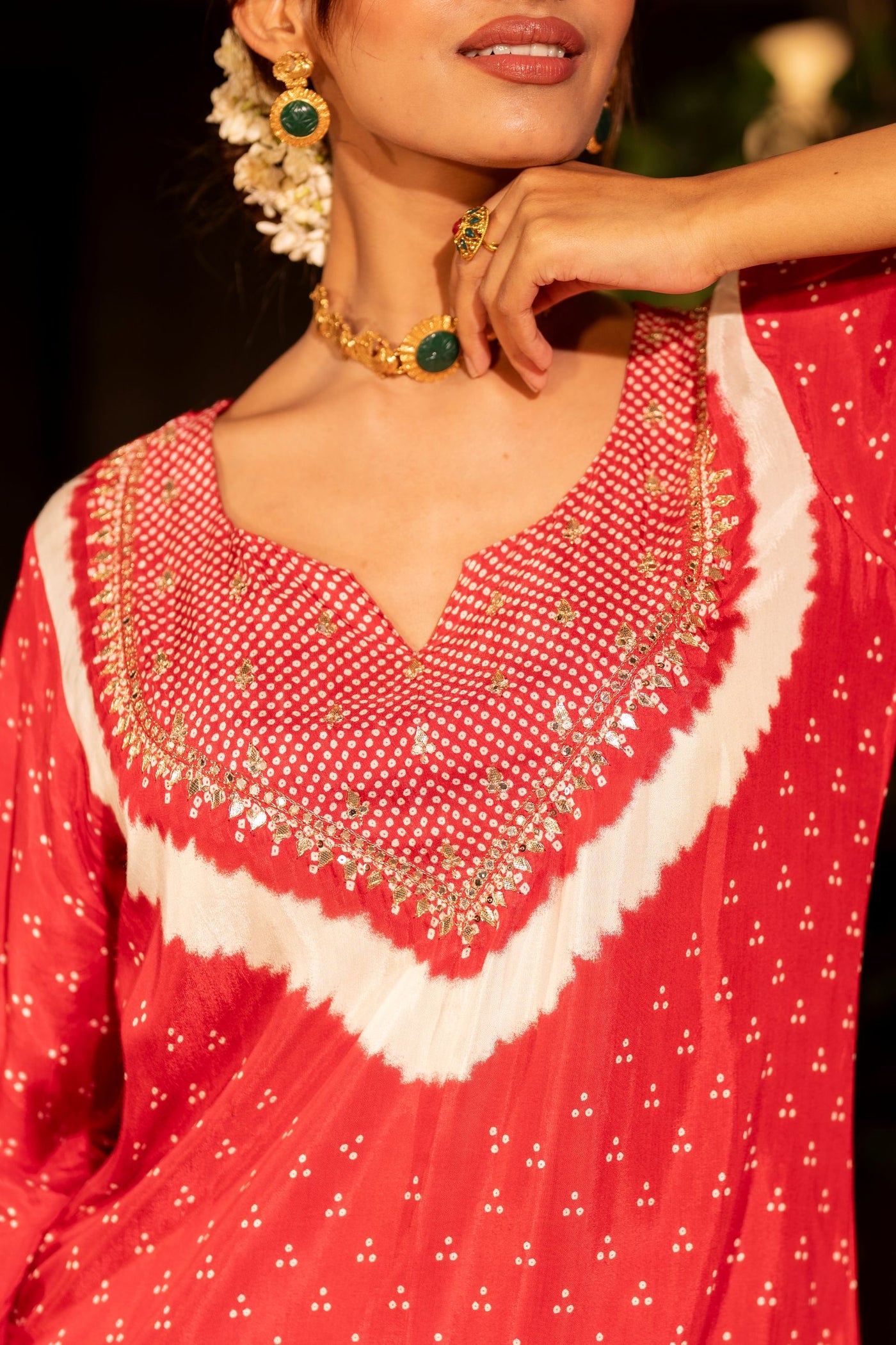 Red bandhani with gota work on neck kurta set