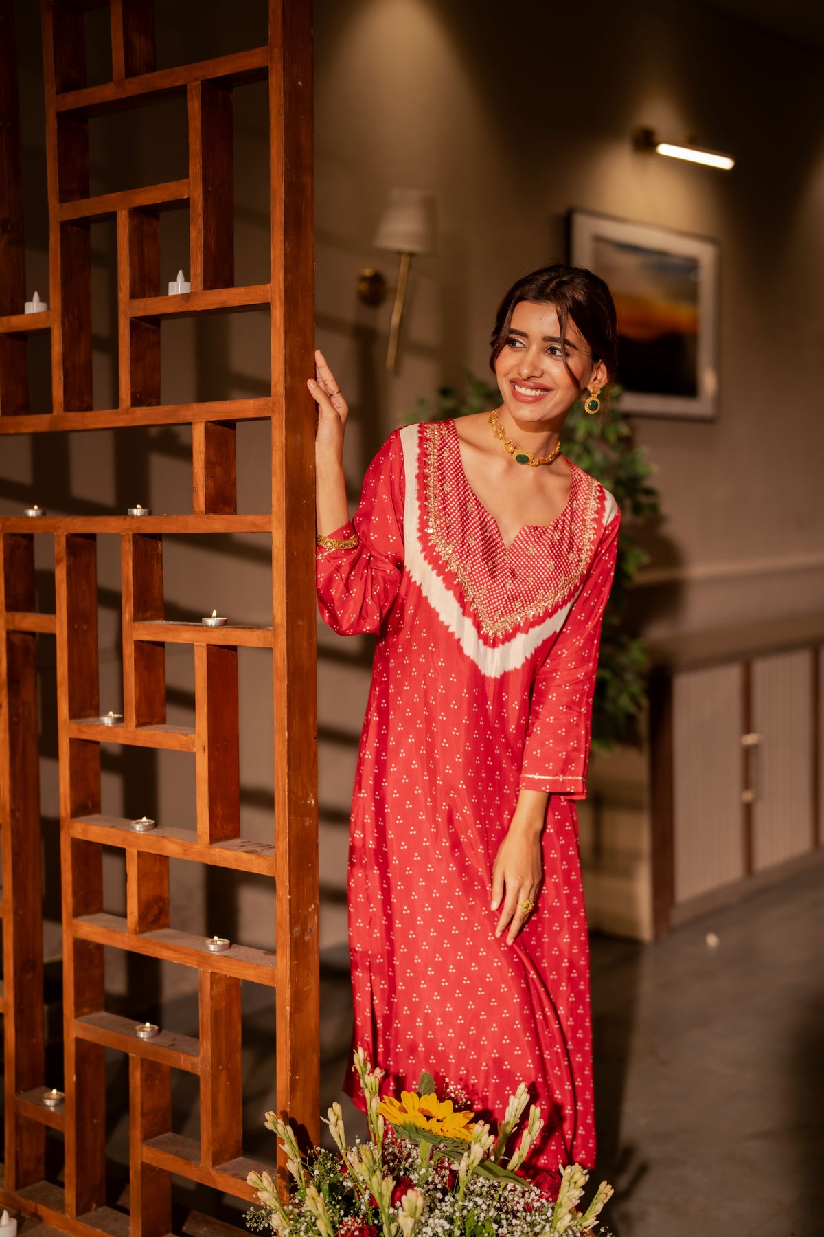 Red bandhani with gota work on neck kurta set